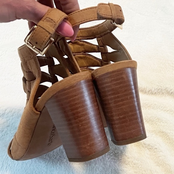 Franco Sarto Grady Faux Suede Stacked Heels Sandals Camel Tan Size 6 Open Toe - Picture 5 of 7